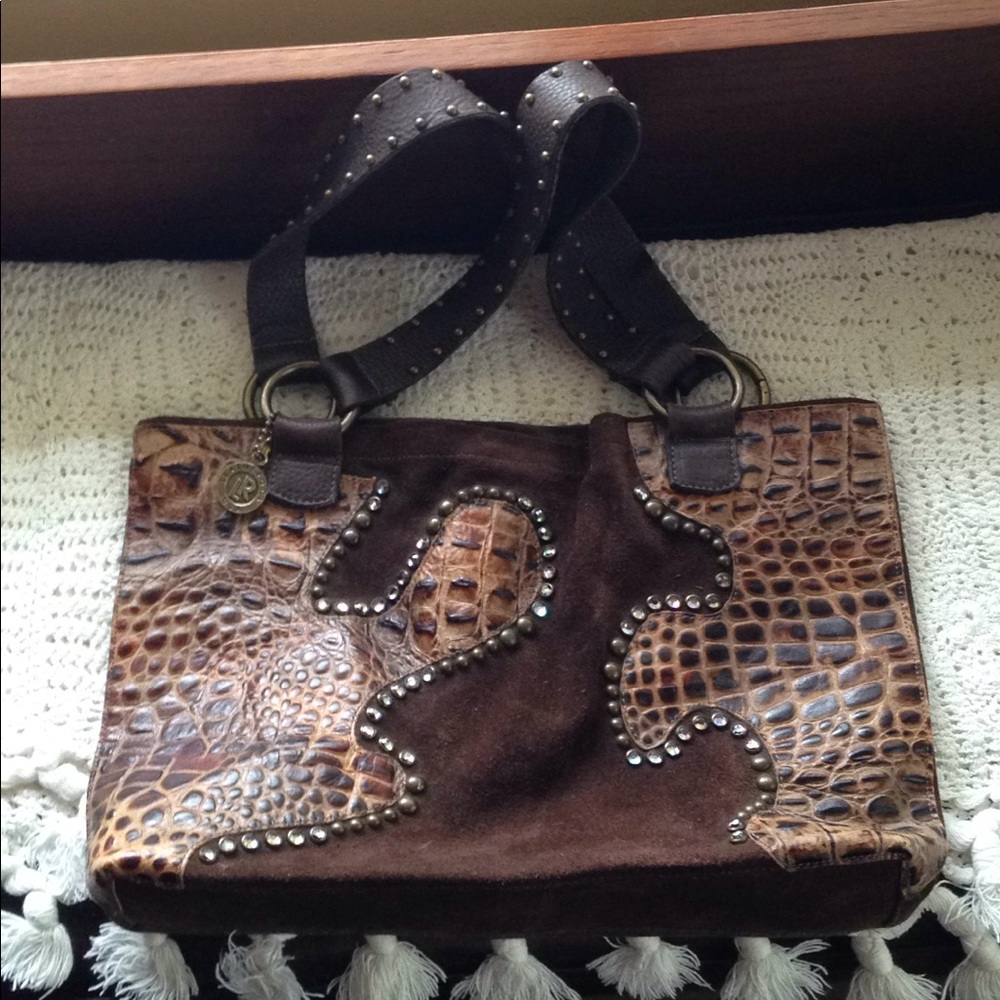 Brown leather Leatherock USA handbag studs ❤️ swirls snake reptile double strap